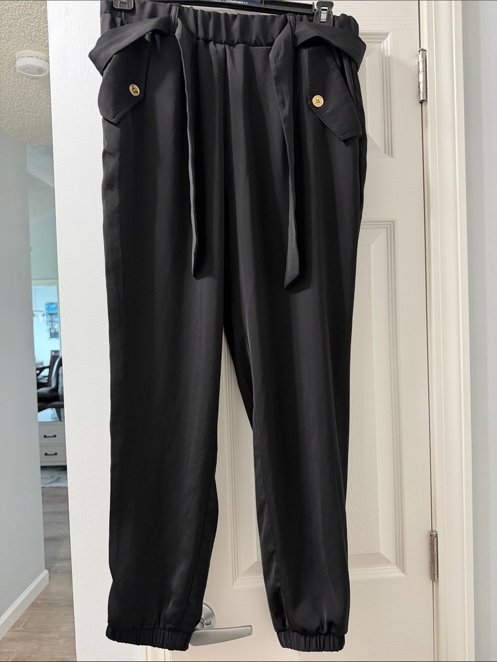 Michael Kors Black Tie-Waist Pants with Button-Flap Pocket Detail